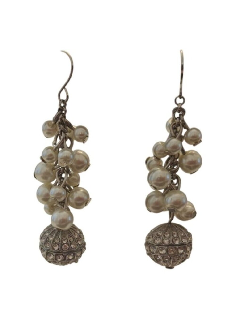 Vintage Faux Pearl Cluster Earrings Rhinestone Ball Silver Dangle Bridal Glam